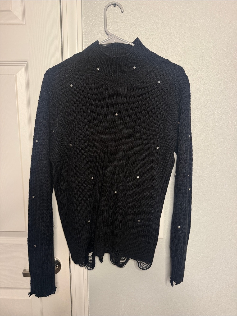 Women's Black Mock Neck Pearl-Embellished Knit Sweater